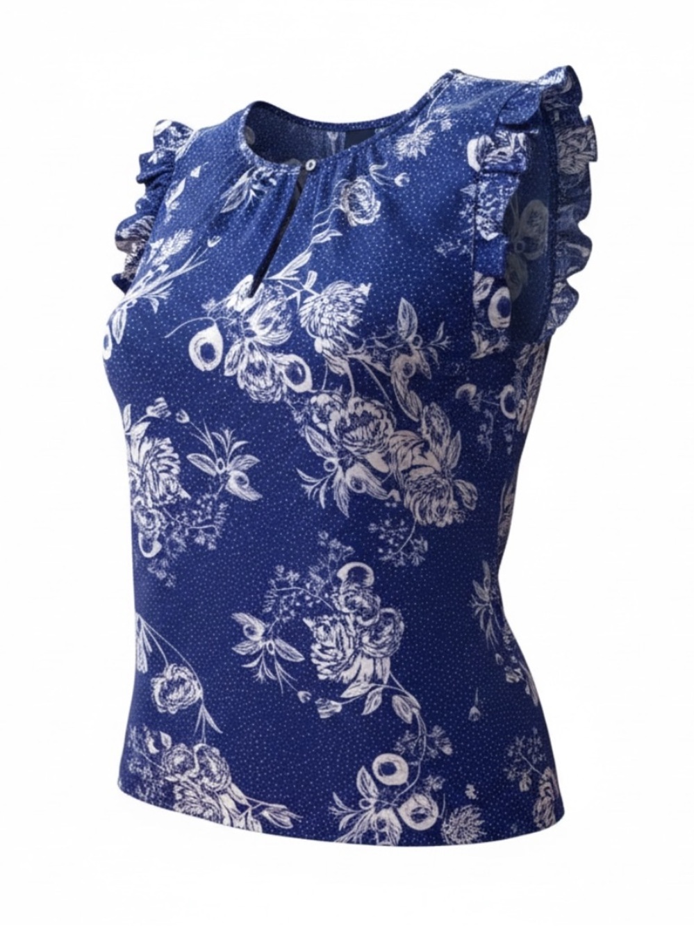 Kaari Blue Royal Blue Floral Sleeveless Ruffle Blouse